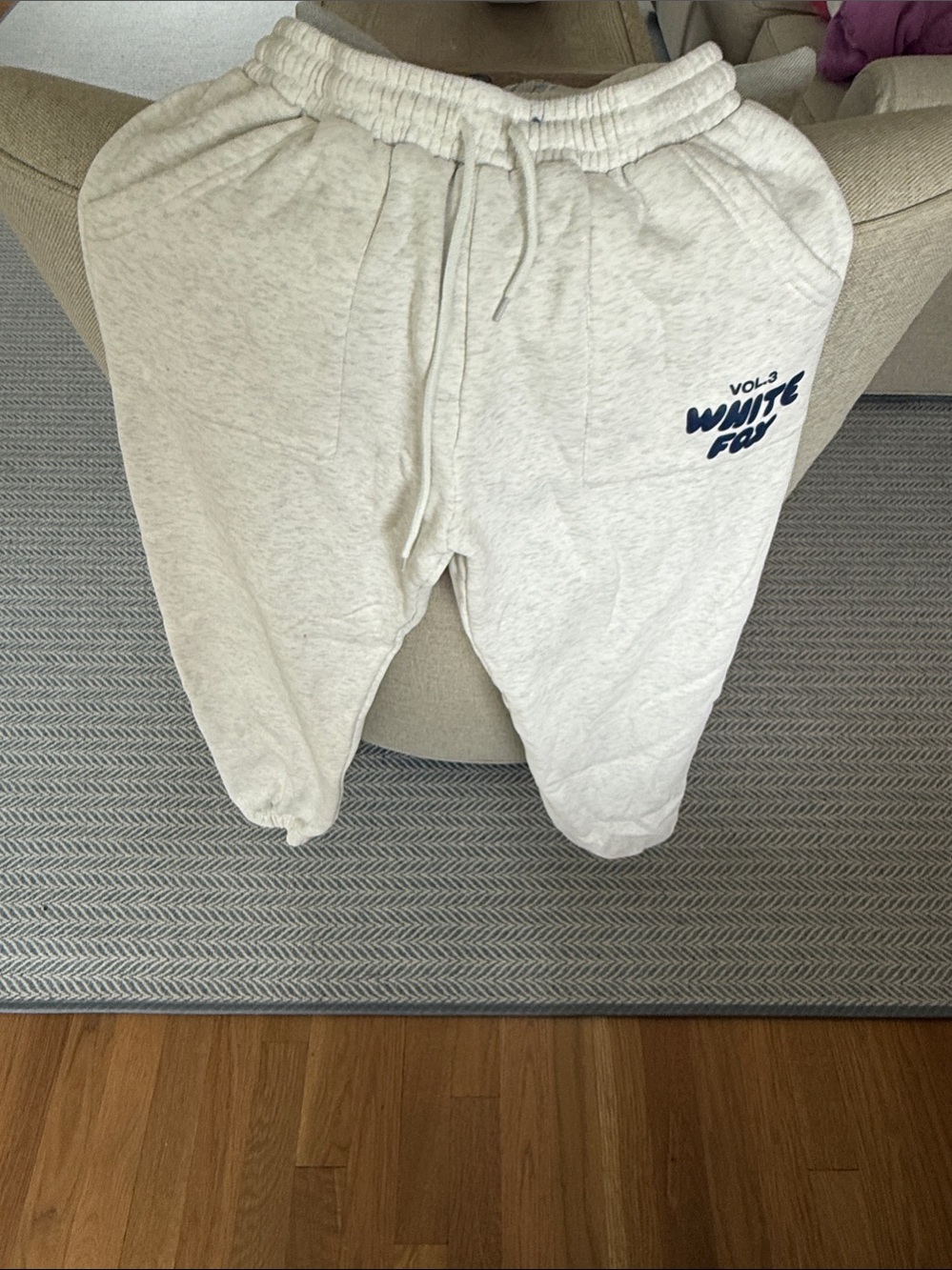 White Fox Boutique Light Cream Joggers with Navy 'White Fog' Graphic